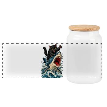 Angry Black Cat Riding a Great White Shark - Panorama Keksdose mit Holzdeckel - Weiß - Vorne