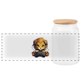 Gamer Lion with headphones - Panoramic Cookie Jar with Wooden Lid - white - Front