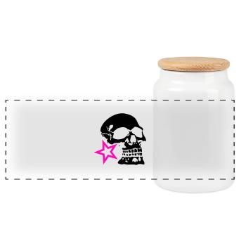 skull skull profile star logo - Panoramic Cookie Jar with Wooden Lid - white - Front