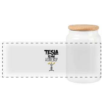 Tesla is my - Panoramic Cookie Jar with Wooden Lid - white - Front