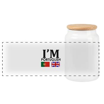 Portuguese + English = - Panoramic Cookie Jar with Wooden Lid - white - Front