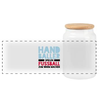 Handballer spielen Fussball zum Warm machen - Panorama Keksdose mit Holzdeckel - Weiß - Vorne