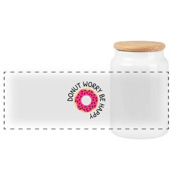 Donut worry be happy - Panorama Keksdose mit Holzdeckel - Weiß - Vorne