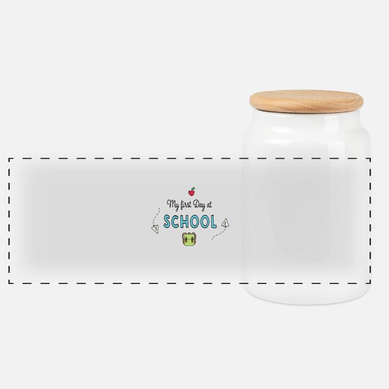 My first day at school - Panoramic Cookie Jar with Wooden Lid - white