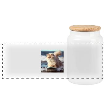 Persian cat Negan surfing - Panoramic Cookie Jar with Wooden Lid - white - Front
