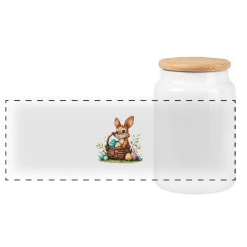 Bunny with an Easter basket filled with eggs - Panoramic Cookie Jar with Wooden Lid - white - Front