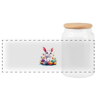 Osterhase mit bemalten Eiern - Panorama Keksdose mit Holzdeckel - Weiß - Vorne