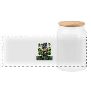 Horn Voraus, Sorgen hinten Spruch Nashorn Safari - Panorama Keksdose mit Holzdeckel - Weiß - Vorne
