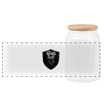 Good luck on logo mining miner mallet and iron - Panoramic Cookie Jar with Wooden Lid - white - Front