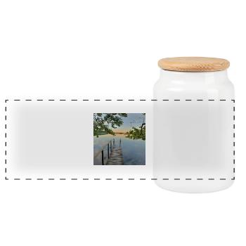 Lake view cottage from pier - Panoramic Cookie Jar with Wooden Lid - white - Front