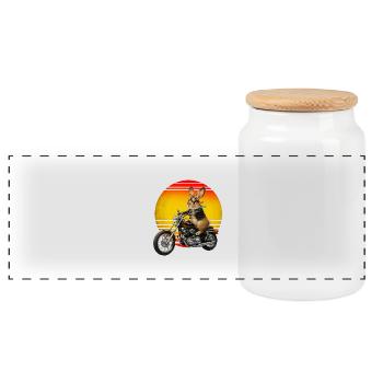 A rabbit on a Motocycle - Panoramic Cookie Jar with Wooden Lid - white - Front