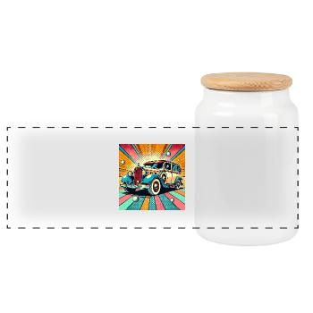 Retro-Auto im Pop-Art-Stil - Panorama Keksdose mit Holzdeckel - Weiß - Vorne