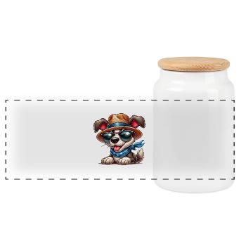 Dog in a hat and sunglasses - Panoramic Cookie Jar with Wooden Lid - white - Front