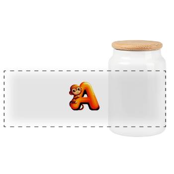 Cheerful monkey with glowing letter A - Panoramic Cookie Jar with Wooden Lid - white - Front