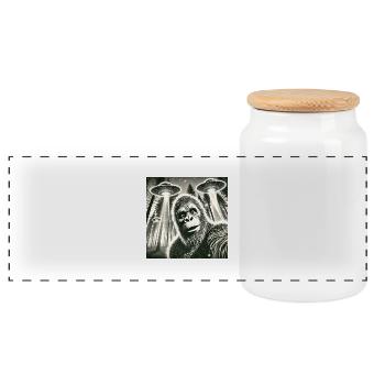 Funny Bigfoot Big Foot Sasquatch Selfie UFO Alien - Panoramic Cookie Jar with Wooden Lid - white - Front