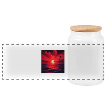 Vibrant Sunset Over Ocean Scene - Panoramic Cookie Jar with Wooden Lid - white - Front