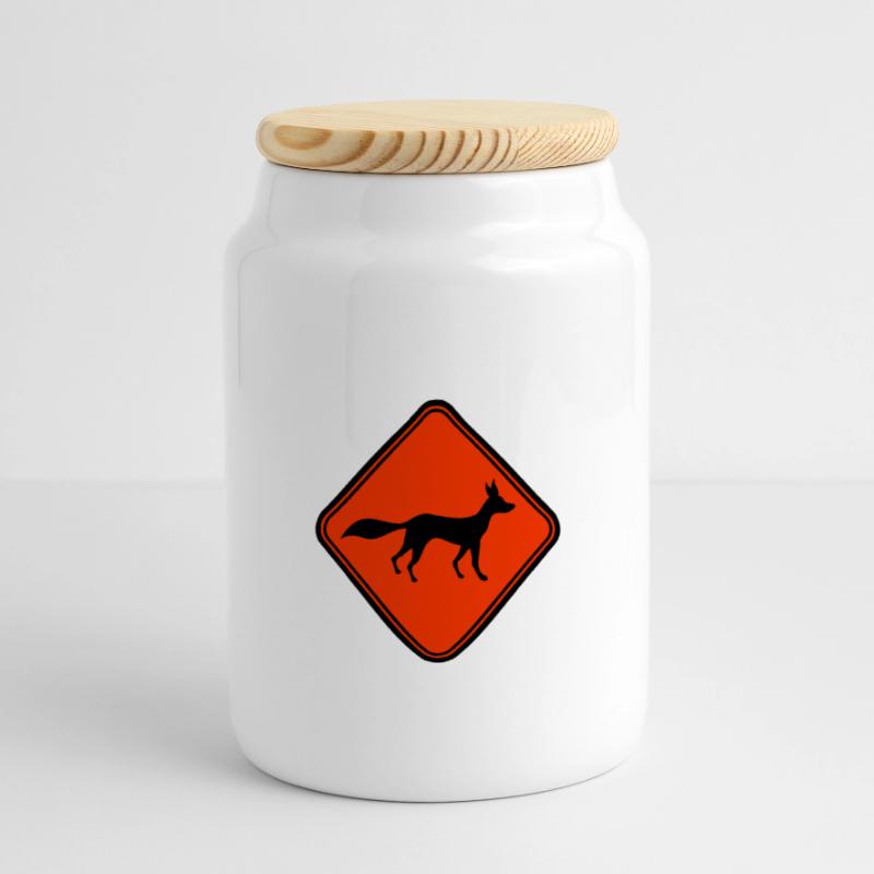 Red Fox Shield Caution Danger Warning Panoramic Cookie Jar with Wooden Lid