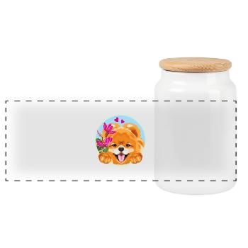 Peeking happy Pomeranian dog with flowers - Panoramic Cookie Jar with Wooden Lid - white - Front
