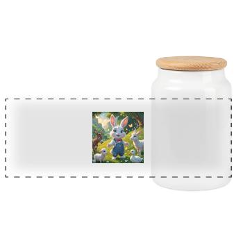 The Curious Rabbit’s Magical Meadow - Panoramic Cookie Jar with Wooden Lid - white - Front