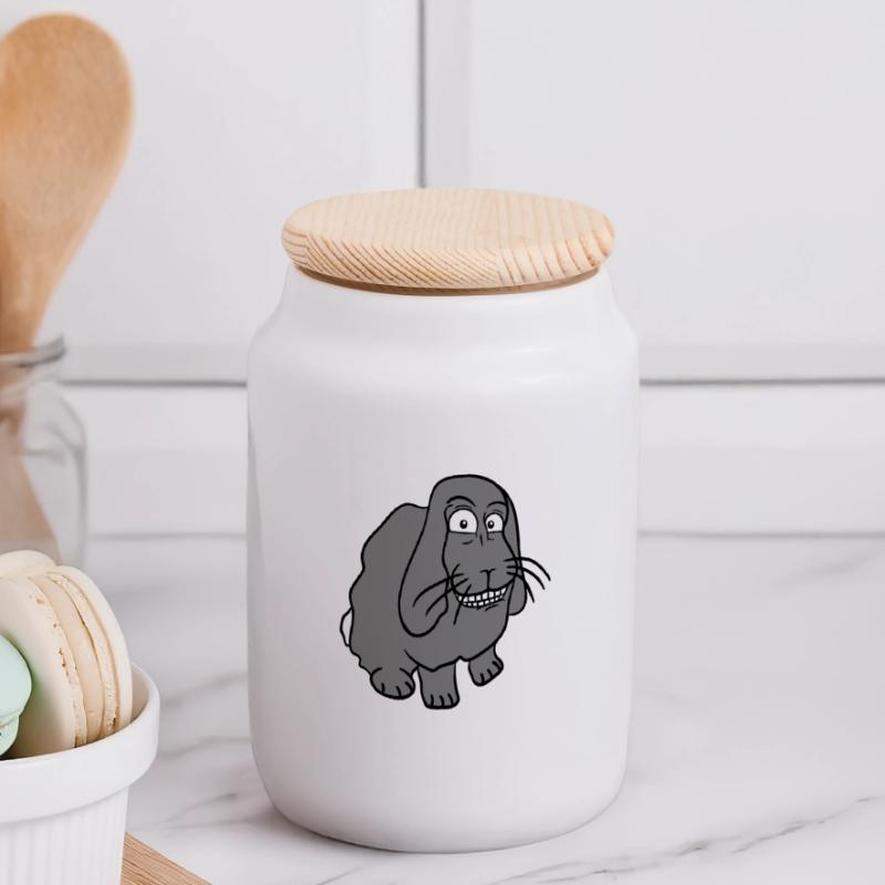 Bunny Rabbit Funny Face Grimace Grin Panoramic Cookie Jar with Wooden Lid