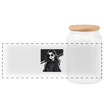Femme Anime Rétro-Futuriste En Noir - Boîte à biscuits avec couvercle en bois - blanc - Devant
