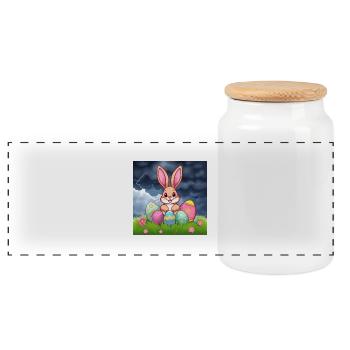 „Hoppelhase im Eierland“ - Panorama Keksdose mit Holzdeckel - Weiß - Vorne