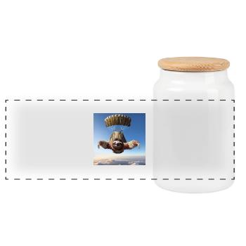 Sloth Wanderer Parachutist - Panoramic Cookie Jar with Wooden Lid - white - Front