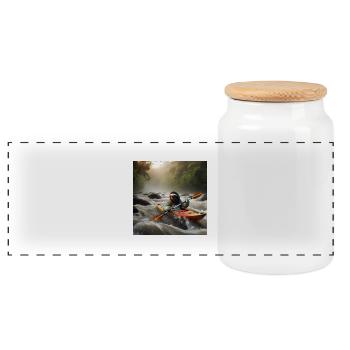 Sloth Wanderer Kayak - Panoramic Cookie Jar with Wooden Lid - white - Front