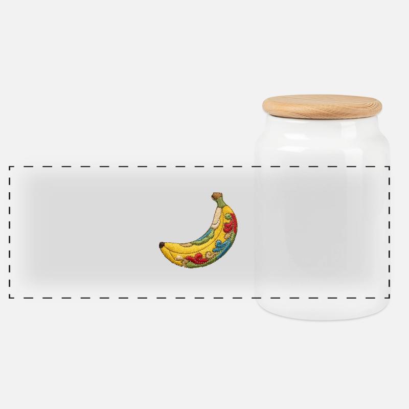Bestickte Banane - Panorama Keksdose mit Holzdeckel - Weiß