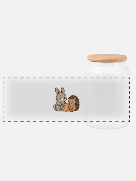 Hase & Igel bemalen Ostereier – Süßes Osterduo - Panorama Keksdose mit Holzdeckel - Weiß