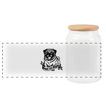 Mops mit der Aufschrift "Klein, aber oho" - Panorama Keksdose mit Holzdeckel - Weiß - Vorne