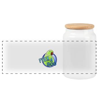green collared parakeet "Peek-a-boo" - Panoramic Cookie Jar with Wooden Lid - white - Front