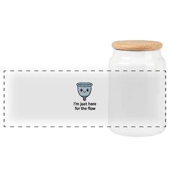 Ich bin nur für den Flow hier – Menstruationstasse Design - Panorama Keksdose mit Holzdeckel - Weiß - Vorne