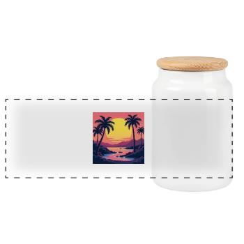 Lebendiger Retro-Sonnenuntergang im Stil der 80er Jahre - Panorama Keksdose mit Holzdeckel - Weiß - Vorne