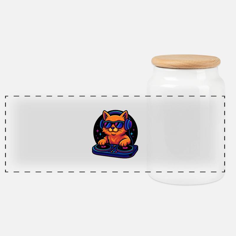 Neon DJ Cat mit Kopfhörer und Plattenspieler - Panorama Keksdose mit Holzdeckel - Weiß