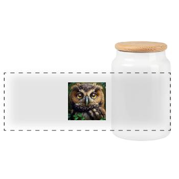 Owl Face Portrait Forest Bird of Prey Vigilant - Panoramic Cookie Jar with Wooden Lid - white - Front