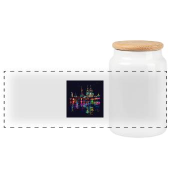 Kölner Dom Stadt Skyline Nacht schwarz Neon - Panorama Keksdose mit Holzdeckel - Weiß - Vorne