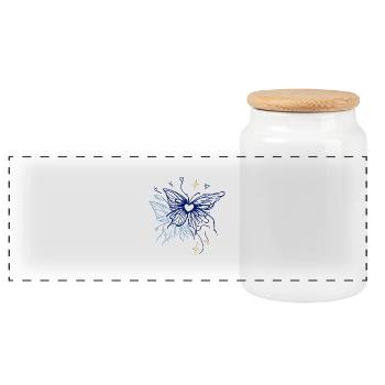Herz-Schmetterling – Magisches Linienkunst-Design - Panorama Keksdose mit Holzdeckel - Weiß - Vorne