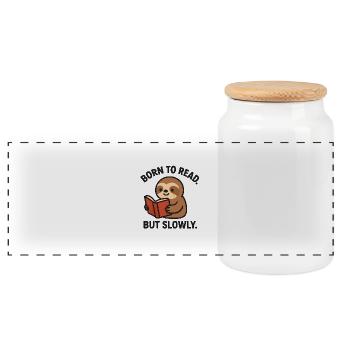 Born to Read But Slowly - Funny Sloth - Panoramic Cookie Jar with Wooden Lid - white - Front