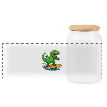 surfing t rex - Panoramic Cookie Jar with Wooden Lid - white - Front