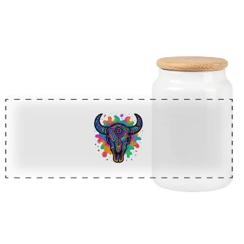 Colorful bull skull - Panoramic Cookie Jar with Wooden Lid - white - Front