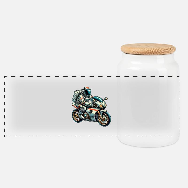 Astronaut Motorrad - Panorama Keksdose mit Holzdeckel - Weiß