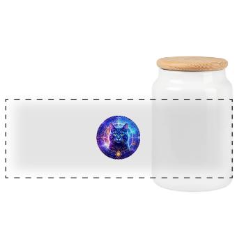"Mystical Cat in the Cosmic Energy Field" - Panoramic Cookie Jar with Wooden Lid - white - Front