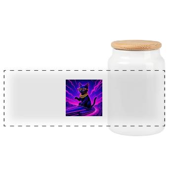 Space Cat - Cool - Cyber Purr - Panorama Keksdose mit Holzdeckel - Weiß - Vorne