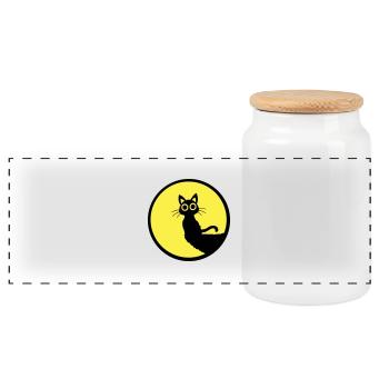 Cat Cute Moon Round Cliff Mountain Night Big Eyes - Panoramic Cookie Jar with Wooden Lid - white - Front