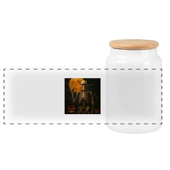 Creepy Skeleton Halloween Gift - Panoramic Cookie Jar with Wooden Lid - white - Front