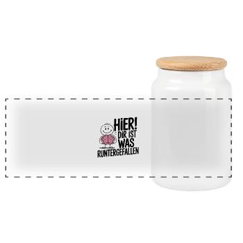Hier! Dir ist was runtergefallen – Spruch - Panorama Keksdose mit Holzdeckel - Weiß - Vorne