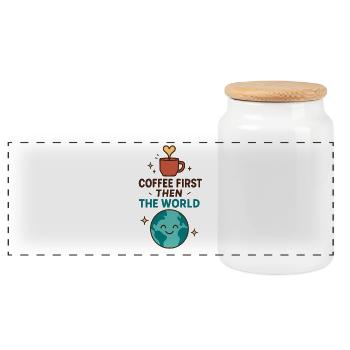 Coffee First – Then the World - Panoramic Cookie Jar with Wooden Lid - white - Front