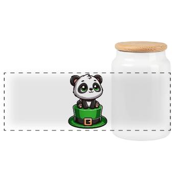 Panda de la Saint-Patrick avec chapeau haut de forme et trèfle - Boîte à biscuits avec couvercle en bois - blanc - Devant