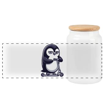 Lustiger Pinguin mit Roller Skaten Comic - Panorama Keksdose mit Holzdeckel - Weiß - Vorne